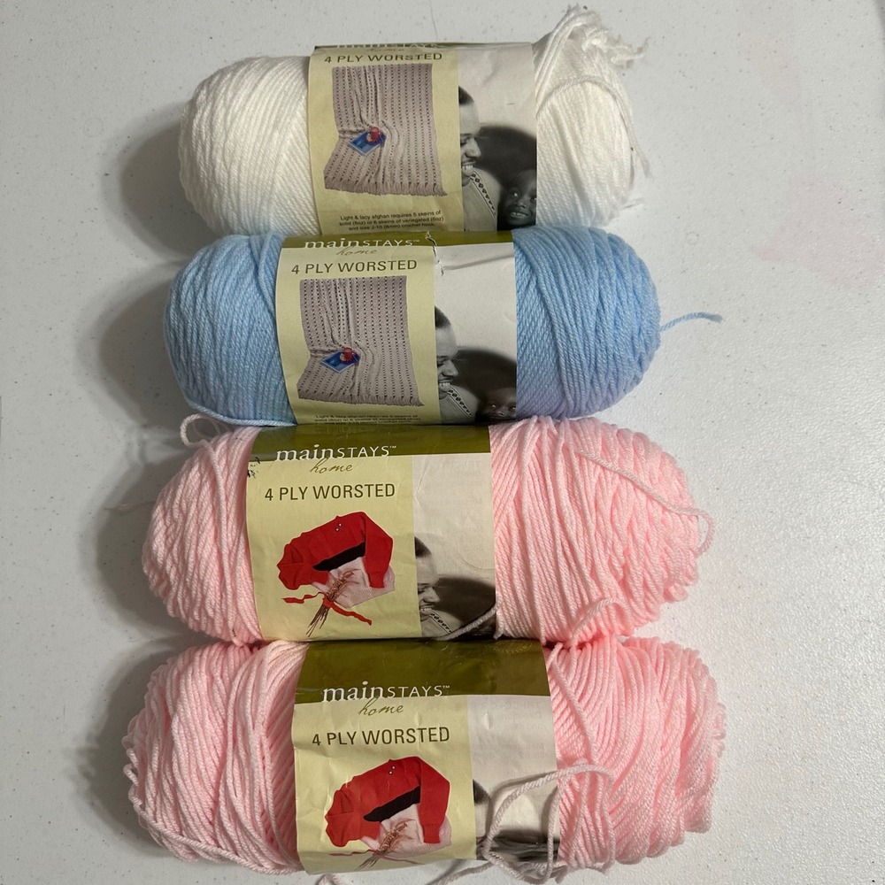 Mainstays 4 Ply Worsted Yarn 100% Acrylic Pastel Bundle White Blue Pink 4 Skeins
